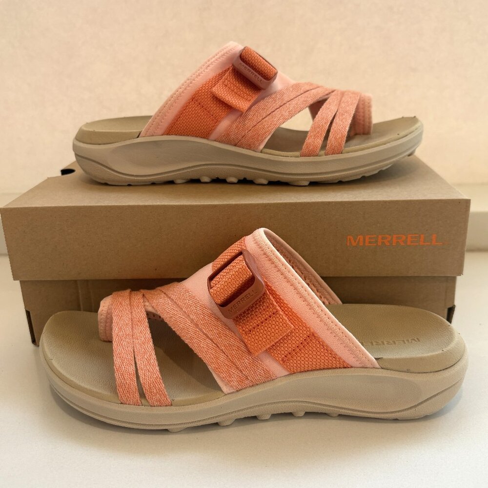Merrell District 4 Post Sandals Toe Loop Slip On Wedge Peach Orange Size 8 NEW - Picture 2 of 7